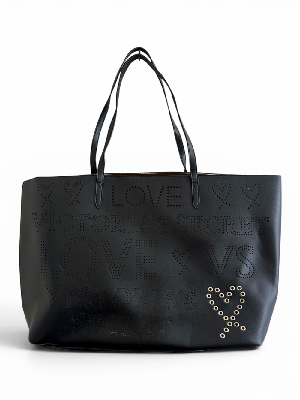 Victoria's Secret Black Perforated LOVE Tote with Gold Grommet Heart